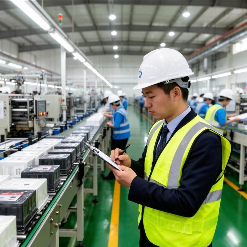 A quality inspector checking products on a factory production line