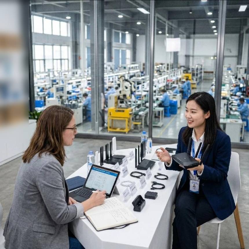 A buyer and a sourcing representative reviewing product samples at a factory showroom